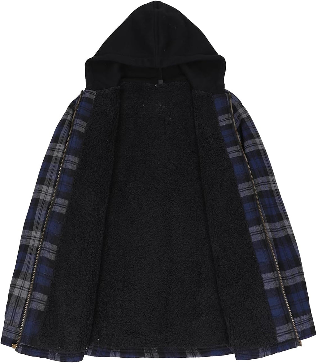 Mens Plaid Sherpa Lined Shirt Jacket Full Zip Hooded Warm Flannel
