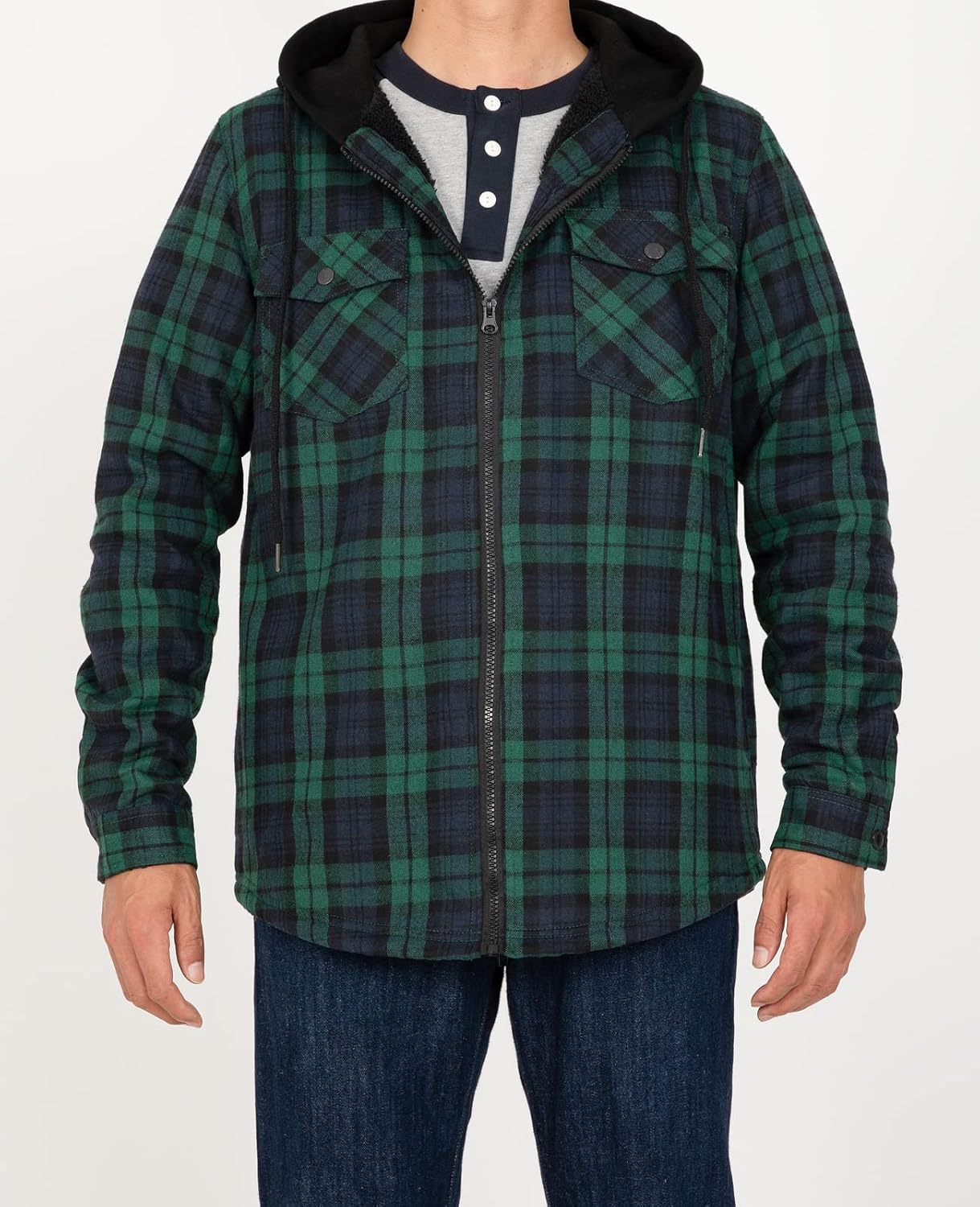 Mens Plaid Sherpa Lined Shirt Jacket Full Zip Hooded Warm Flannel