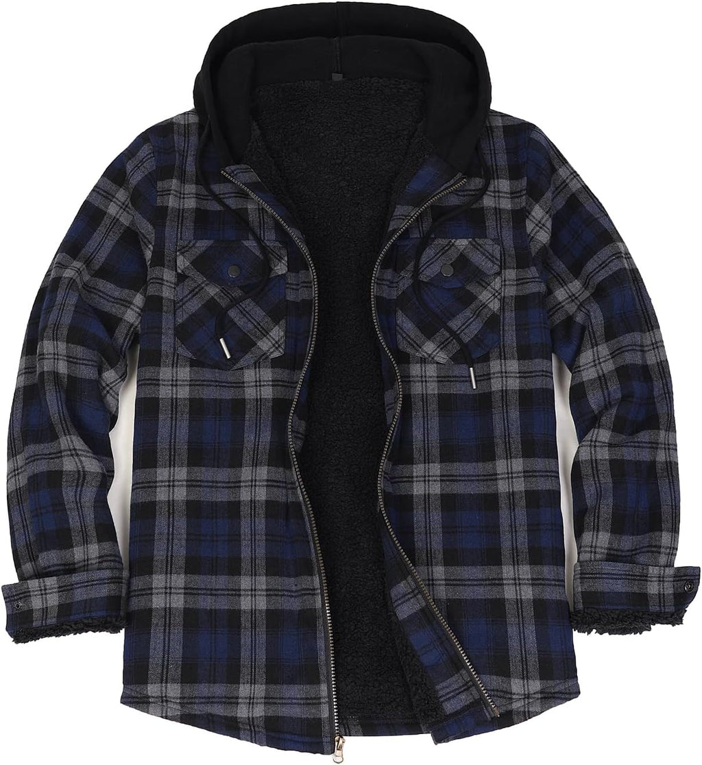 Mens Plaid Sherpa Lined Shirt Jacket Full Zip Hooded Warm Flannel