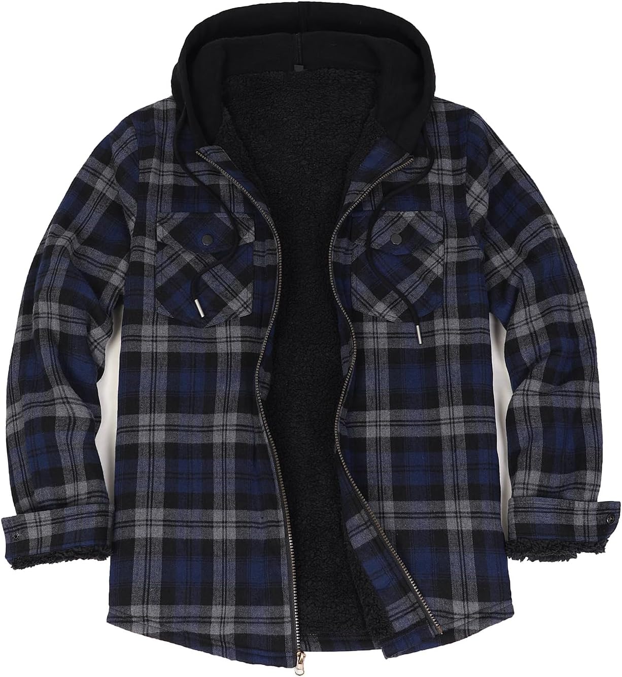Mens Plaid Sherpa Lined Shirt Jacket Full Zip Hooded Warm Flannel