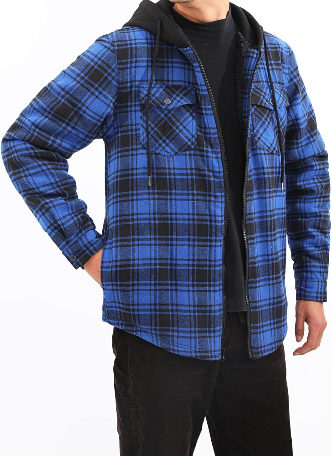 Mens Plaid Sherpa Lined Shirt Jacket Full Zip Hooded Warm Flannel