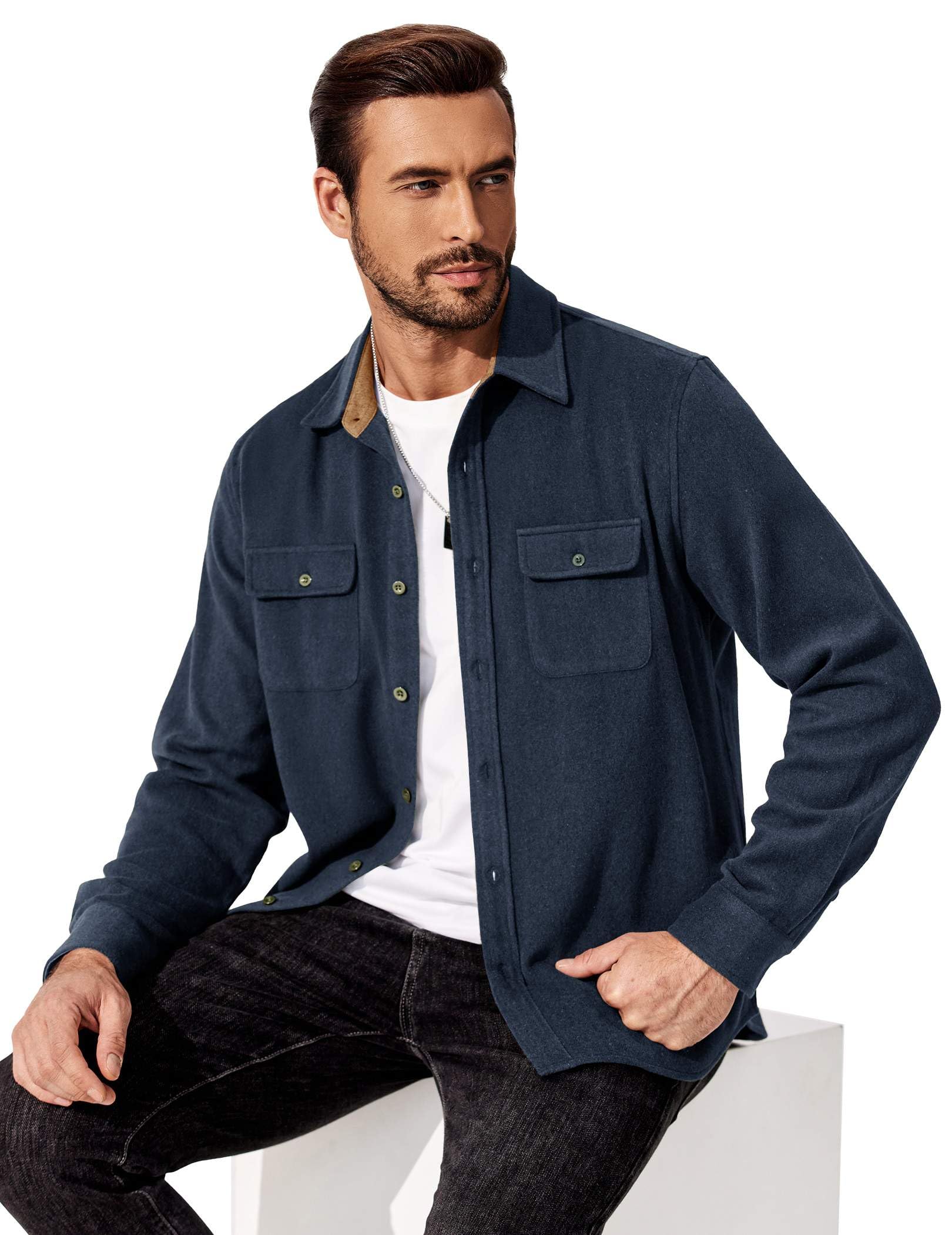 Mens Plaid Cotton Flannel Shirt Long Sleeve Casual Button Down Work Shirt With Chest Pockets