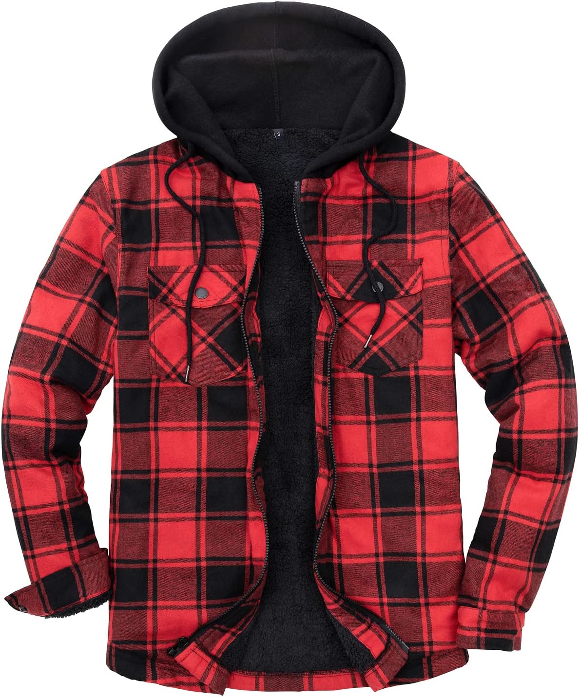 Mens Plaid Sherpa Lined Shirt Jacket Full Zip Hooded Warm Flannel