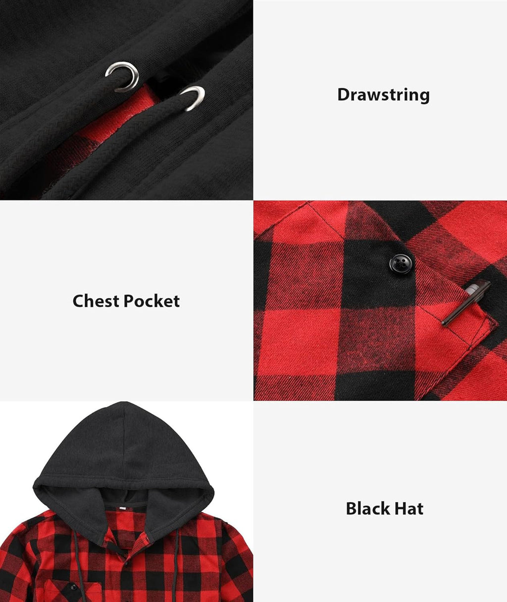 3 Pack Mens Flannel Hoodie Shirts Long Sleeve Plaid Button Down Hooded Shirts Casual Brushed Jacket with Pocket