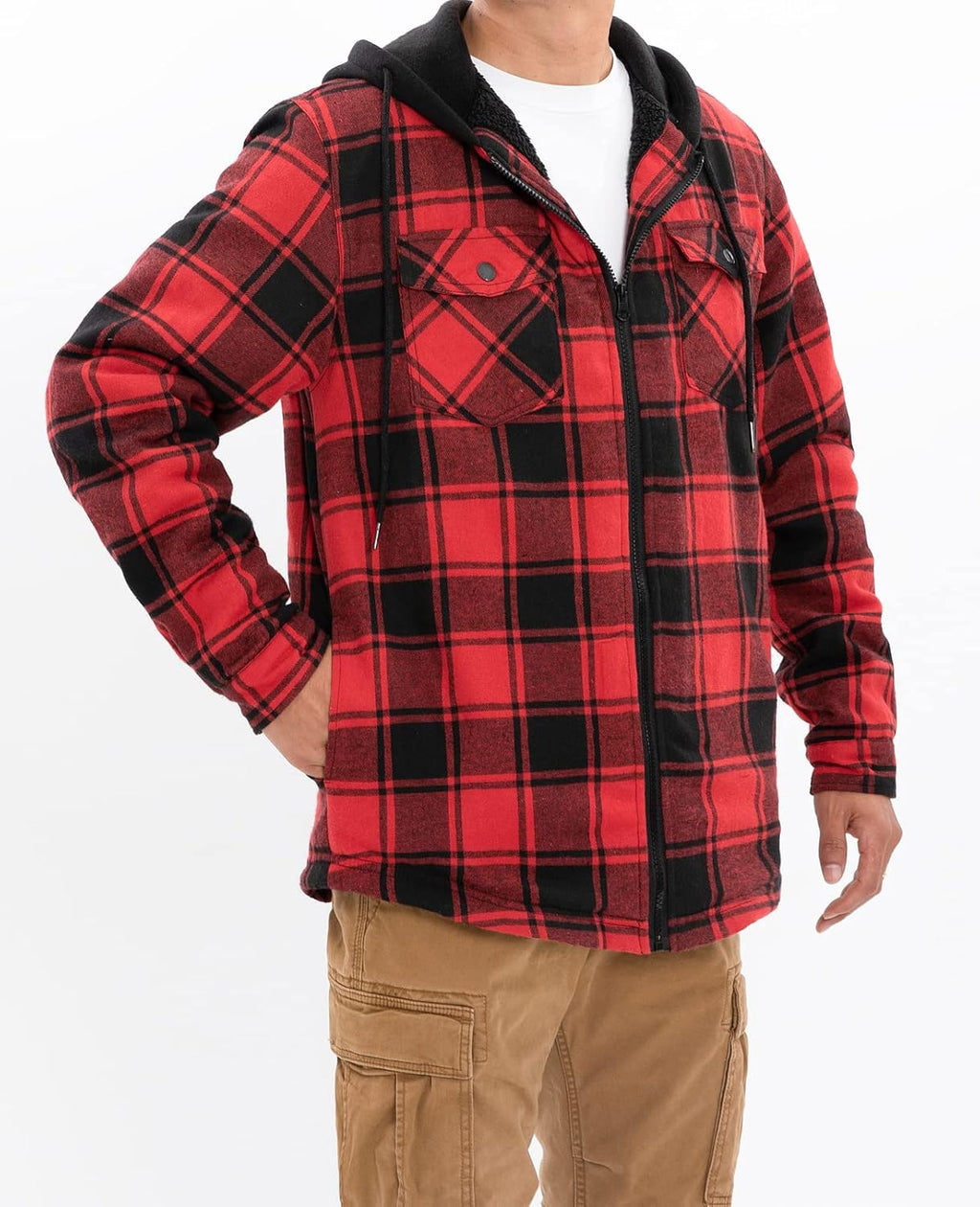 Mens Plaid Sherpa Lined Shirt Jacket Full Zip Hooded Warm Flannel