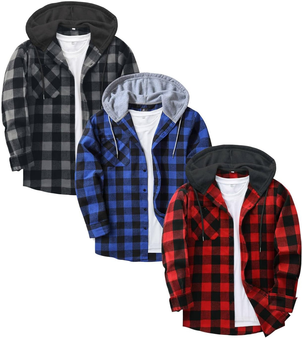 3 Pack Mens Flannel Hoodie Shirts Long Sleeve Plaid Button Down Hooded Shirts Casual Brushed Jacket with Pocket