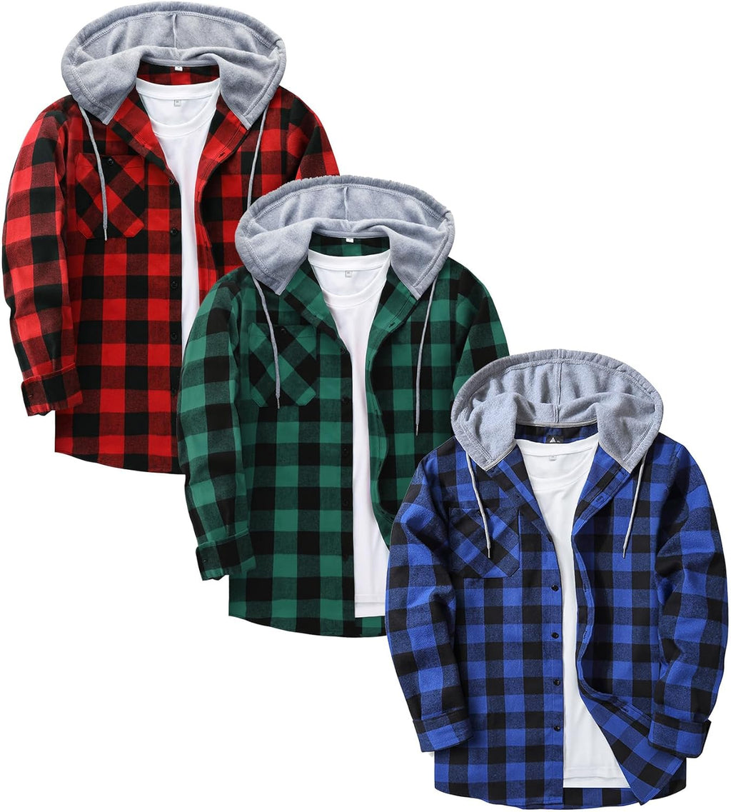 3 Pack Mens Flannel Hoodie Shirts Long Sleeve Plaid Button Down Hooded Shirts Casual Brushed Jacket with Pocket