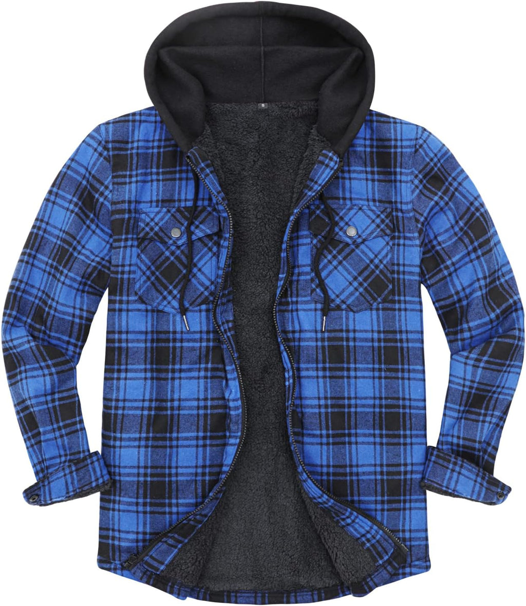 Mens Plaid Sherpa Lined Shirt Jacket Full Zip Hooded Warm Flannel