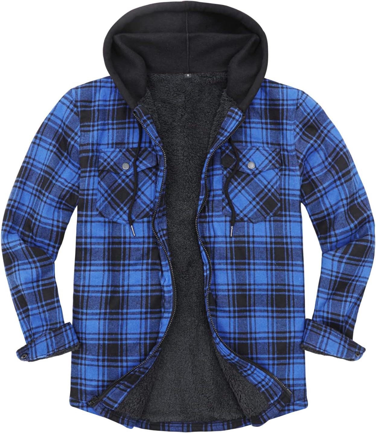 Mens Plaid Sherpa Lined Shirt Jacket Full Zip Hooded Warm Flannel