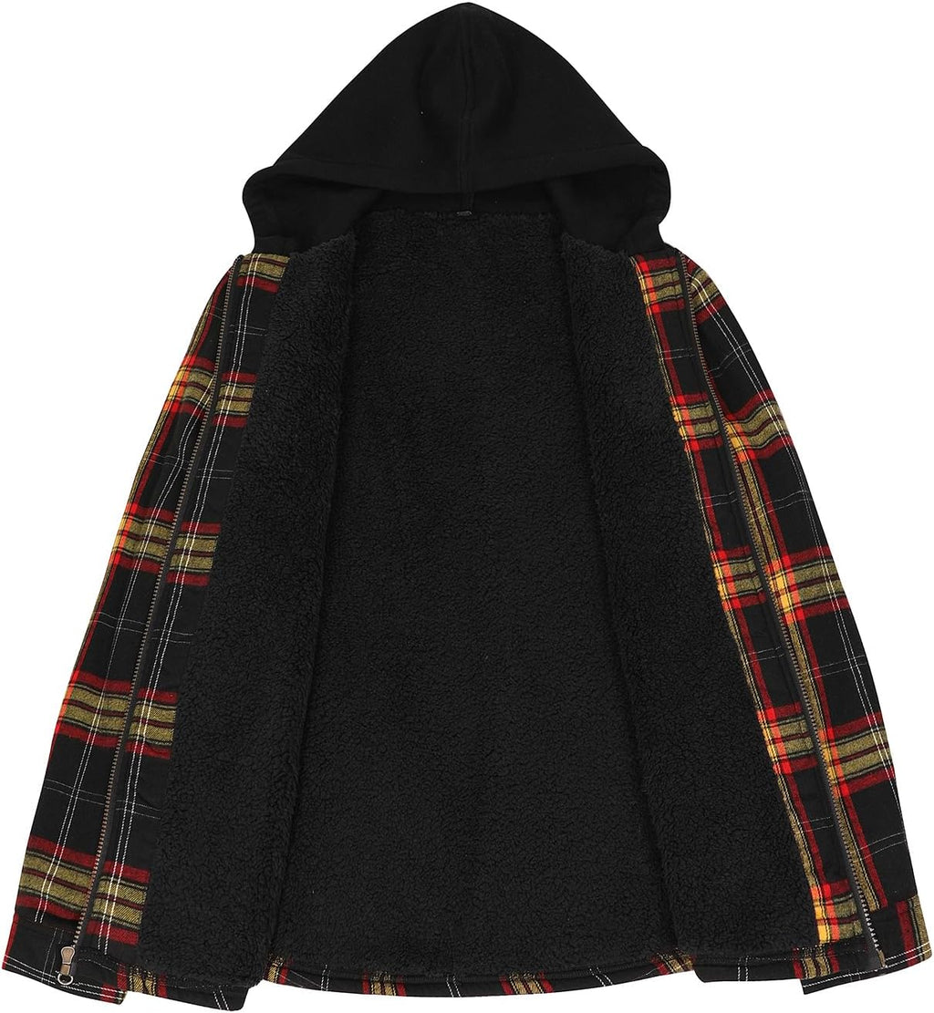 Mens Plaid Sherpa Lined Shirt Jacket Full Zip Hooded Warm Flannel