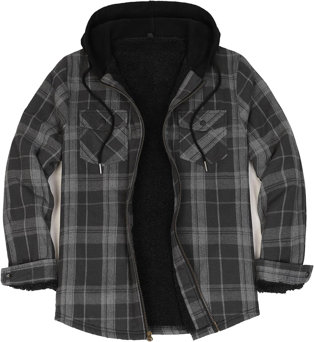 Mens Plaid Sherpa Lined Shirt Jacket Full Zip Hooded Warm Flannel