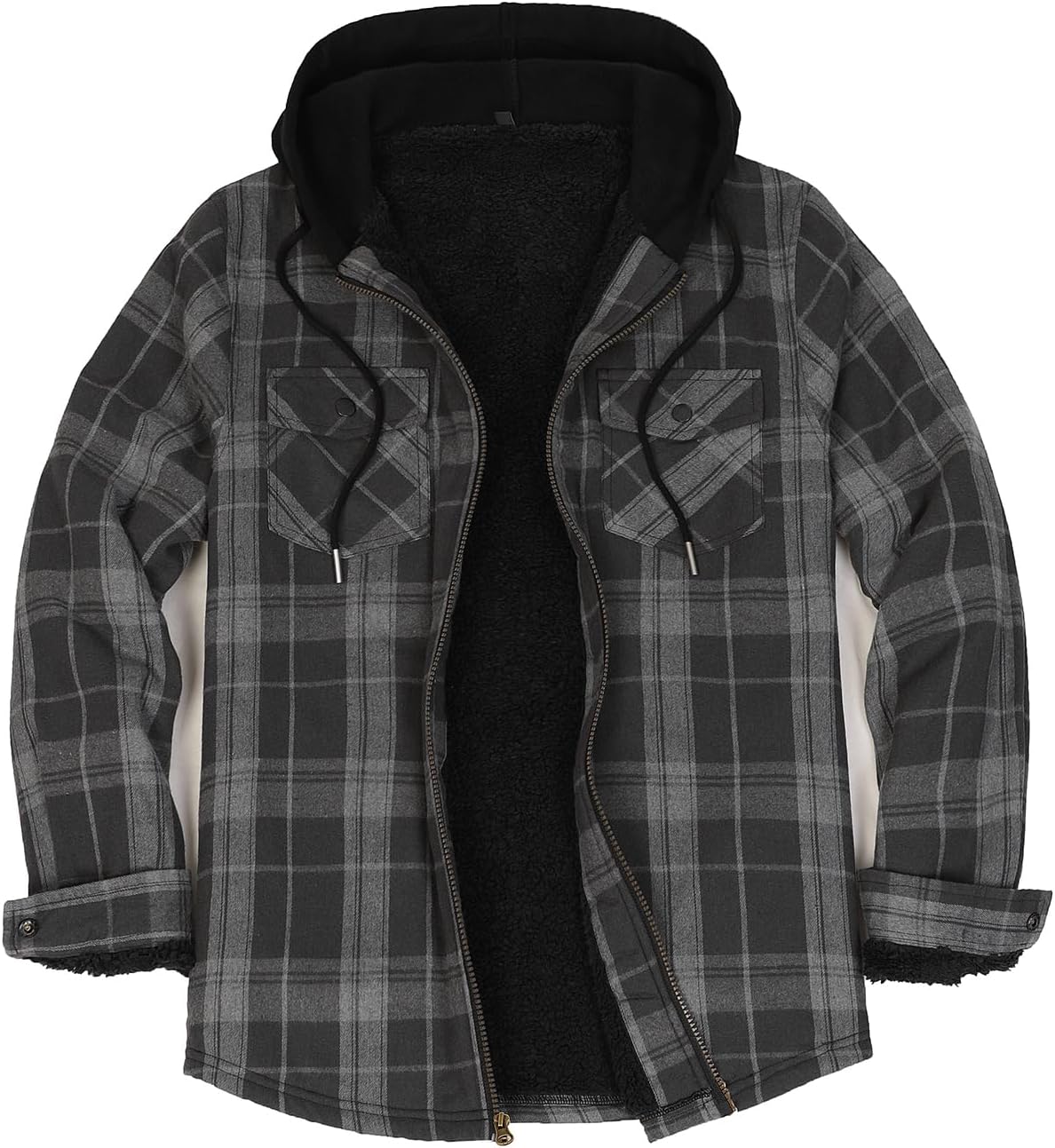 Mens Plaid Sherpa Lined Shirt Jacket Full Zip Hooded Warm Flannel