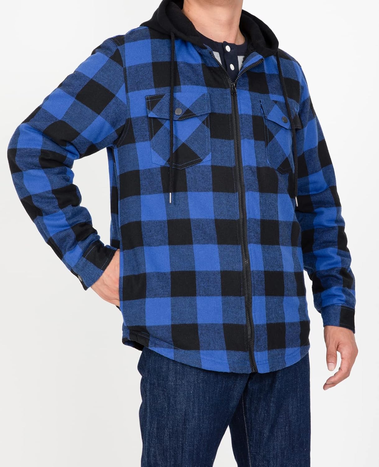 Mens Plaid Sherpa Lined Shirt Jacket Full Zip Hooded Warm Flannel
