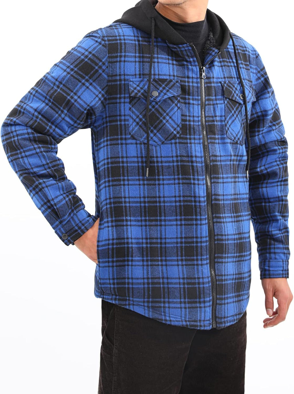 Mens Plaid Sherpa Lined Shirt Jacket Full Zip Hooded Warm Flannel