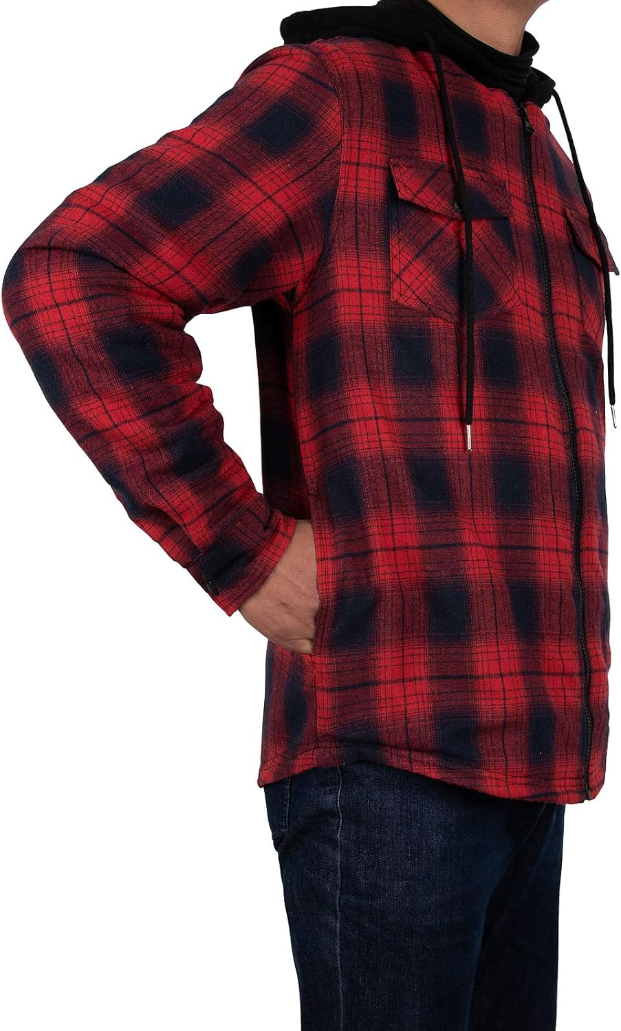 Mens Plaid Sherpa Lined Shirt Jacket Full Zip Hooded Warm Flannel