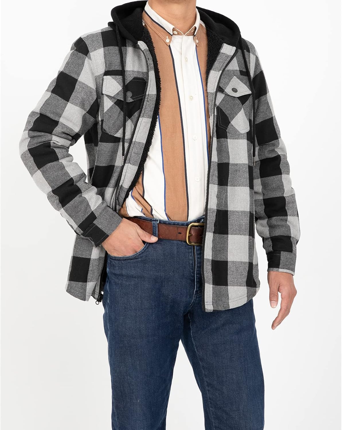 Mens Plaid Sherpa Lined Shirt Jacket Full Zip Hooded Warm Flannel