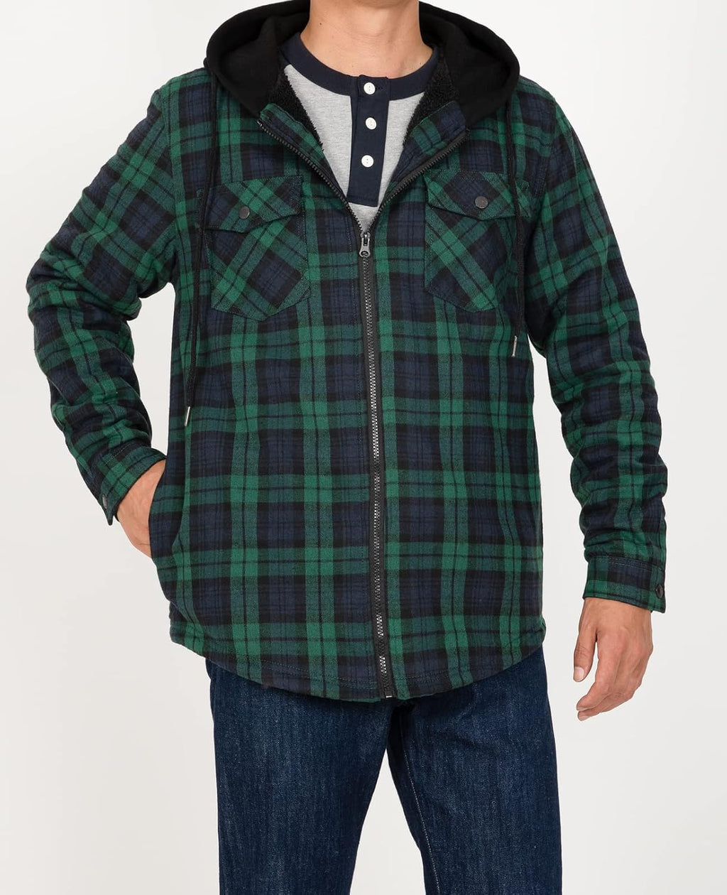 Mens Plaid Sherpa Lined Shirt Jacket Full Zip Hooded Warm Flannel