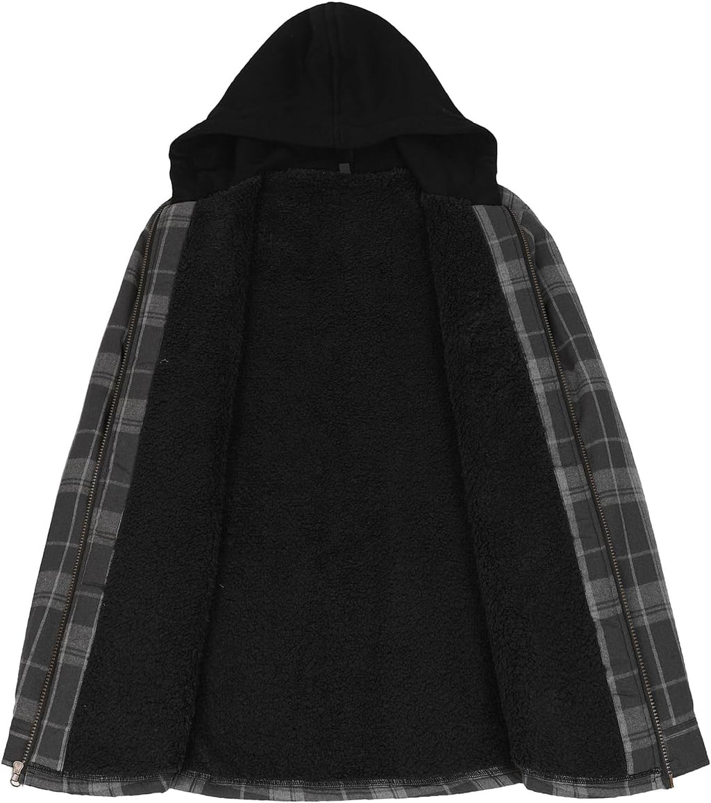 Mens Plaid Sherpa Lined Shirt Jacket Full Zip Hooded Warm Flannel