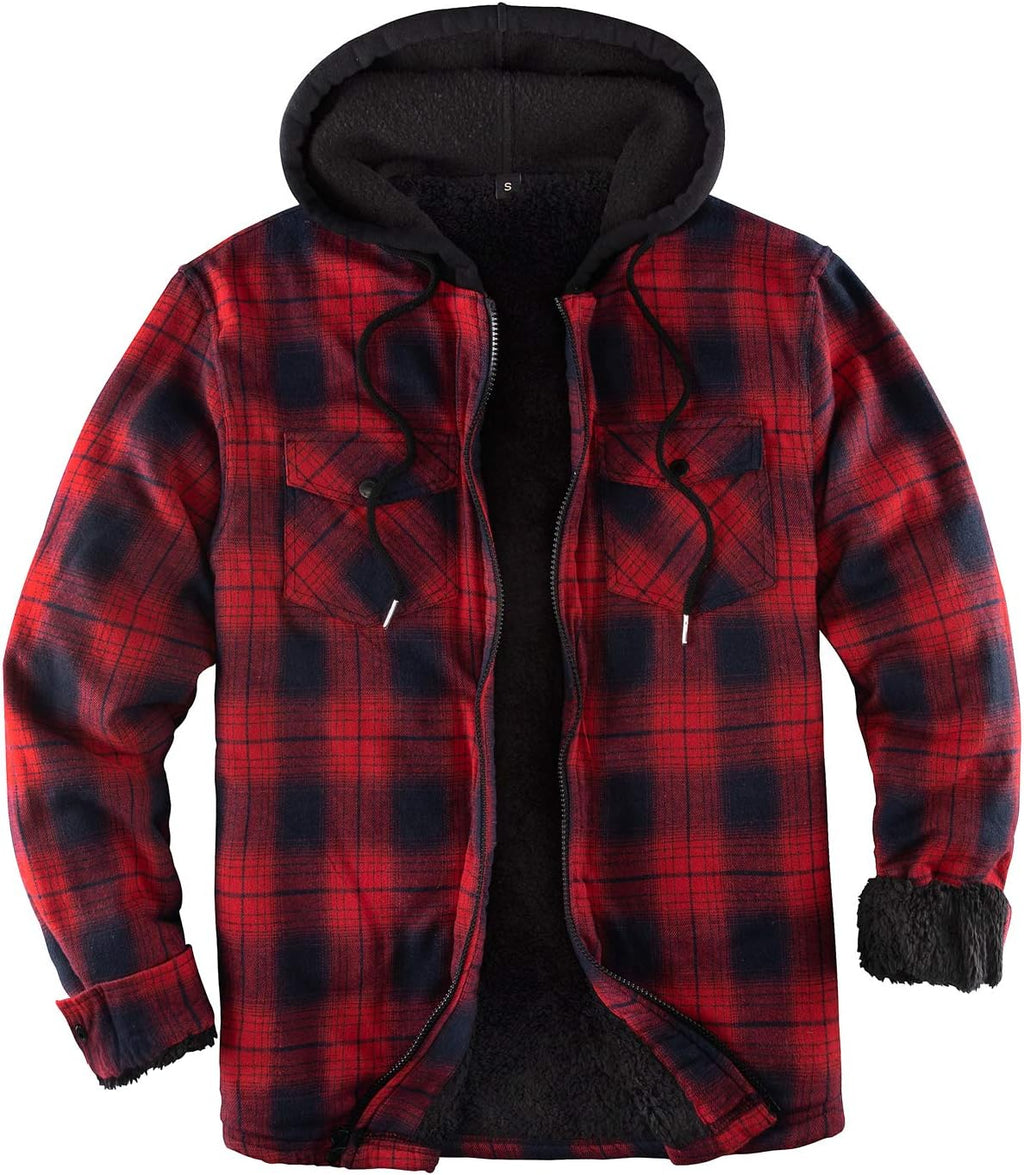 Mens Plaid Sherpa Lined Shirt Jacket Full Zip Hooded Warm Flannel