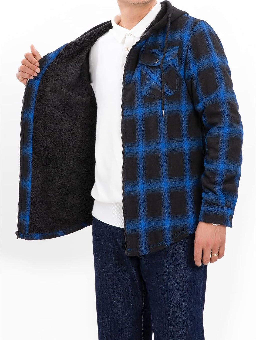 Mens Plaid Sherpa Lined Shirt Jacket Full Zip Hooded Warm Flannel
