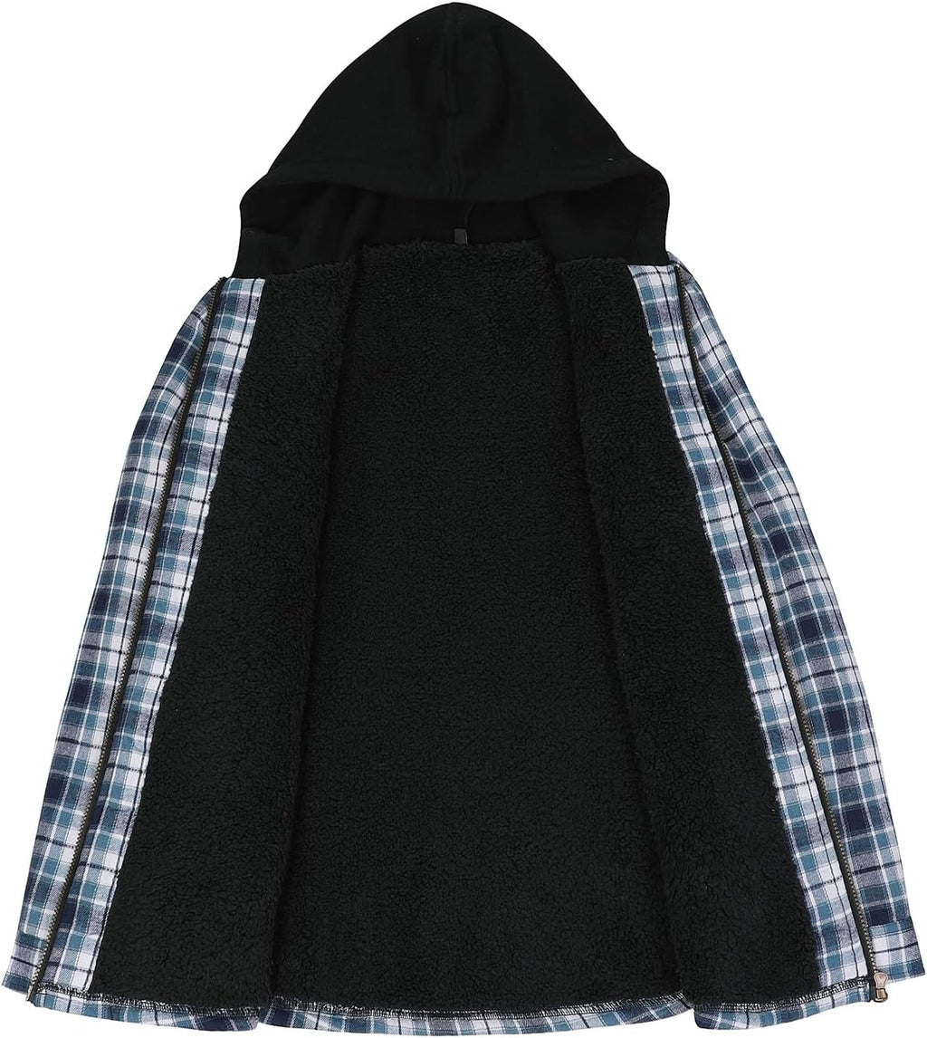 Mens Plaid Sherpa Lined Shirt Jacket Full Zip Hooded Warm Flannel