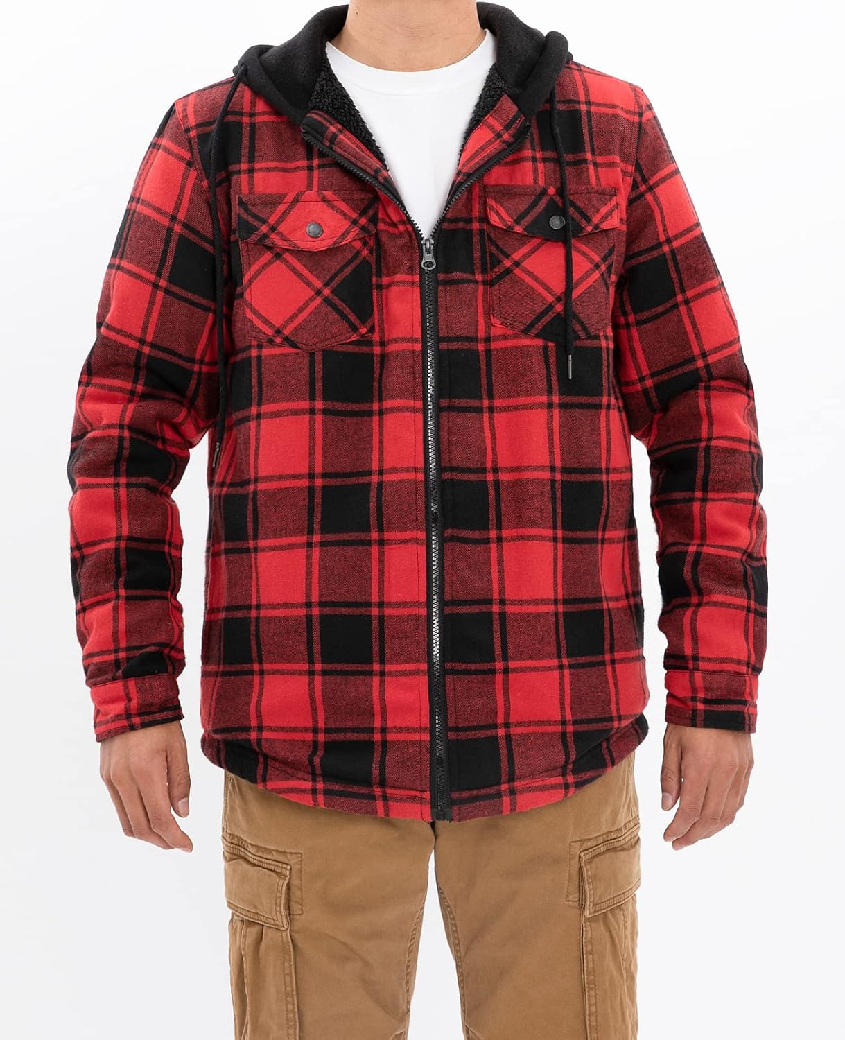 Mens Plaid Sherpa Lined Shirt Jacket Full Zip Hooded Warm Flannel