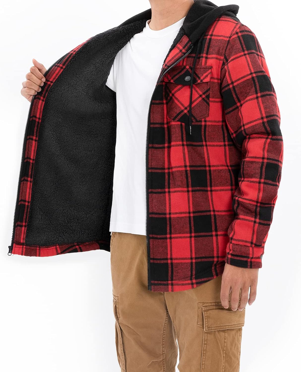 Mens Plaid Sherpa Lined Shirt Jacket Full Zip Hooded Warm Flannel