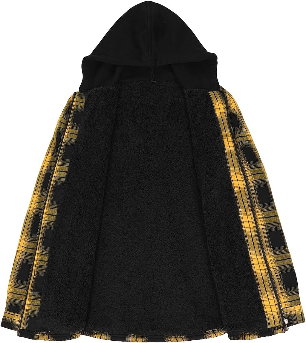 Mens Plaid Sherpa Lined Shirt Jacket Full Zip Hooded Warm Flannel