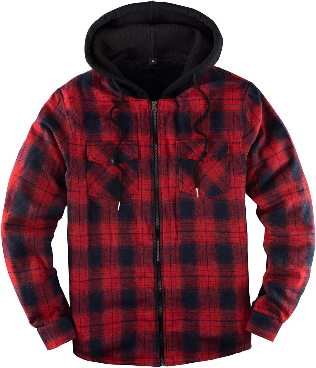 Mens Plaid Sherpa Lined Shirt Jacket Full Zip Hooded Warm Flannel