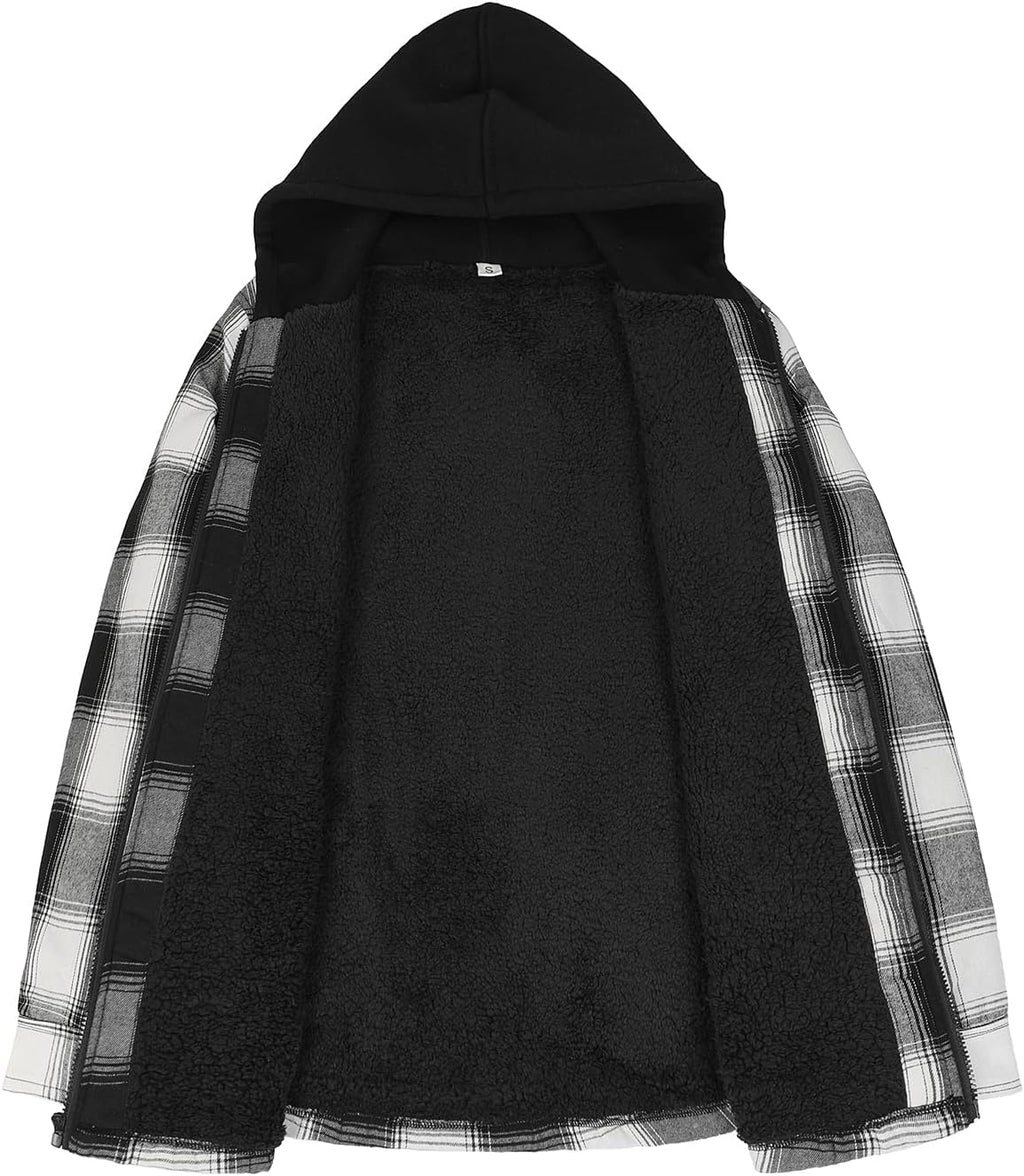 Mens Plaid Sherpa Lined Shirt Jacket Full Zip Hooded Warm Flannel