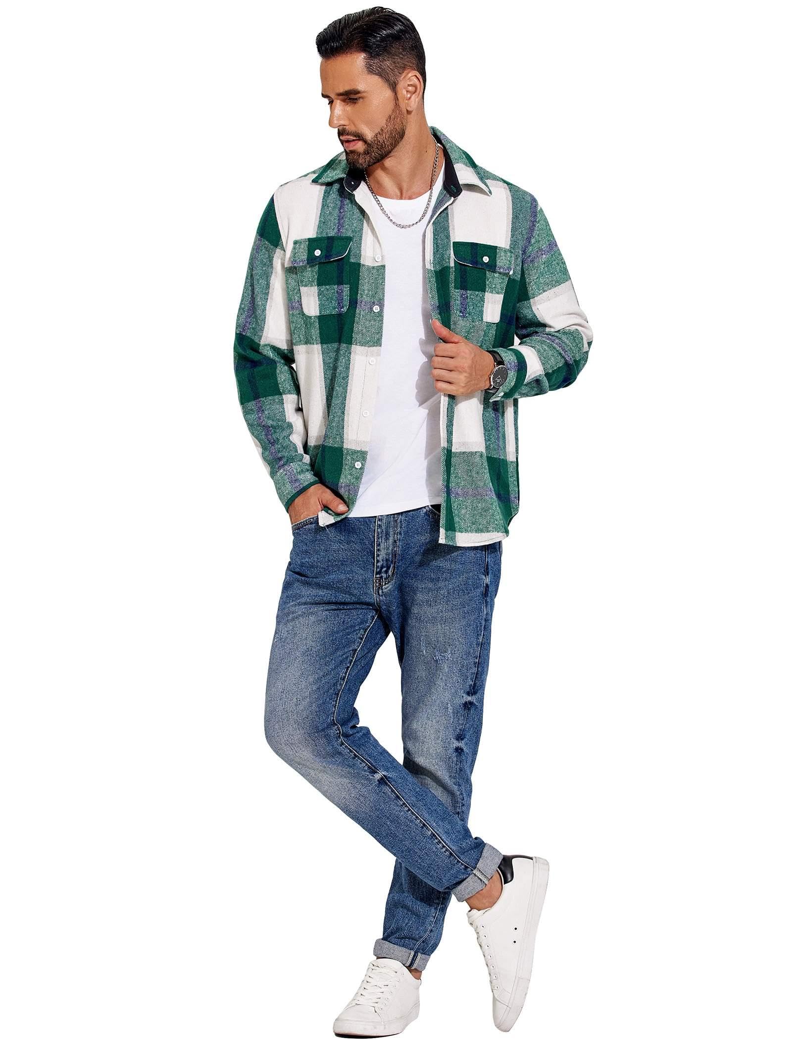Mens Long Sleeve Cotton Flannel Shirt Plaid Button Down Casual Work Shirt