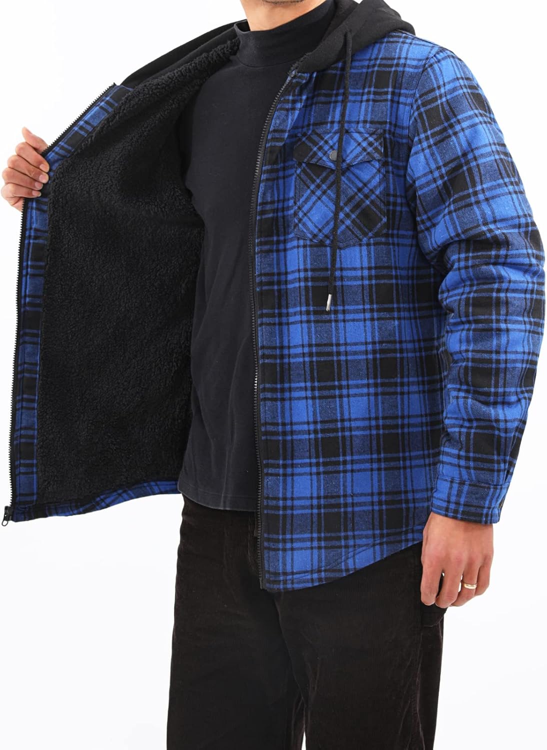 Mens Plaid Sherpa Lined Shirt Jacket Full Zip Hooded Warm Flannel