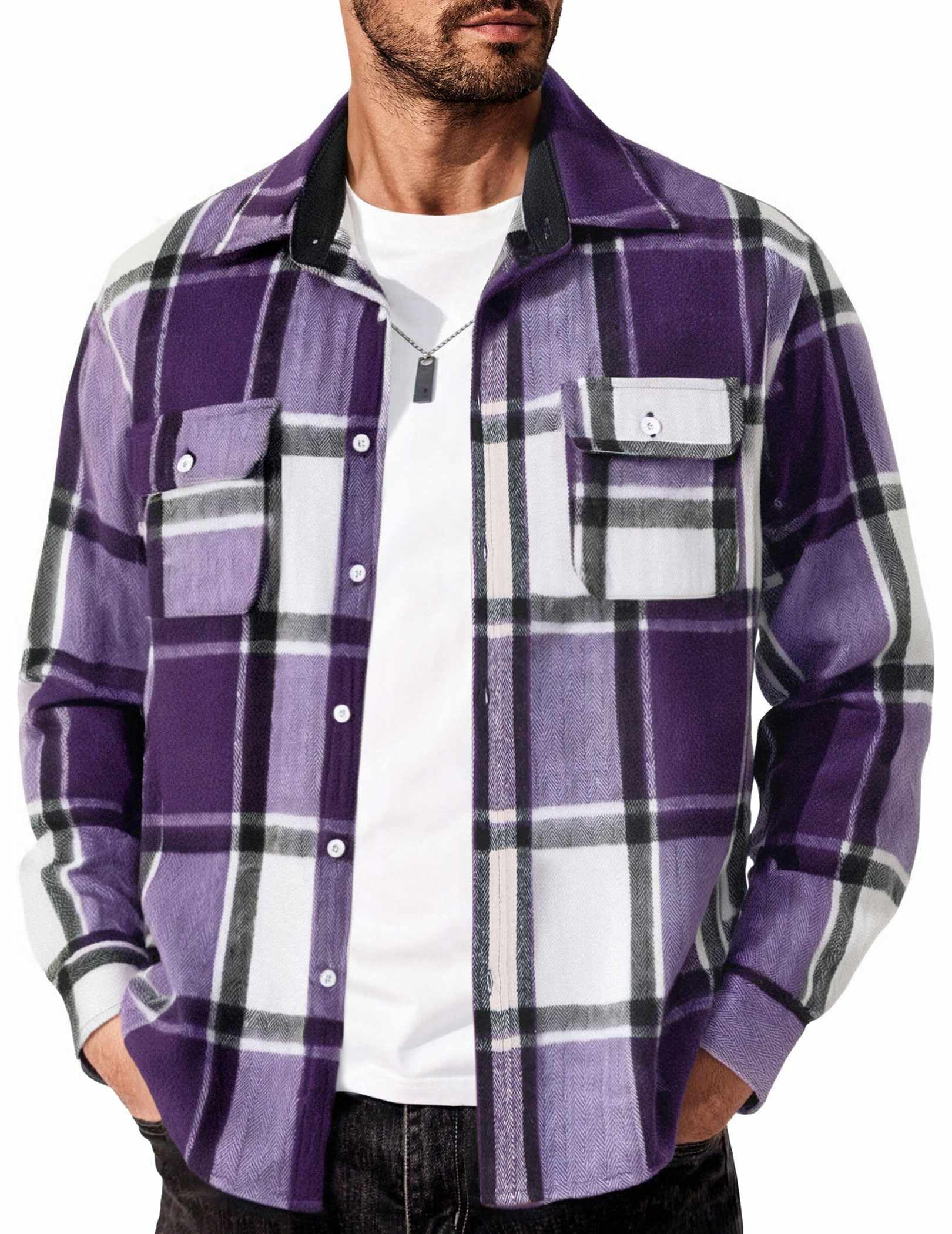 Mens Plaid Cotton Flannel Shirt Long Sleeve Casual Button Down With Pockets
