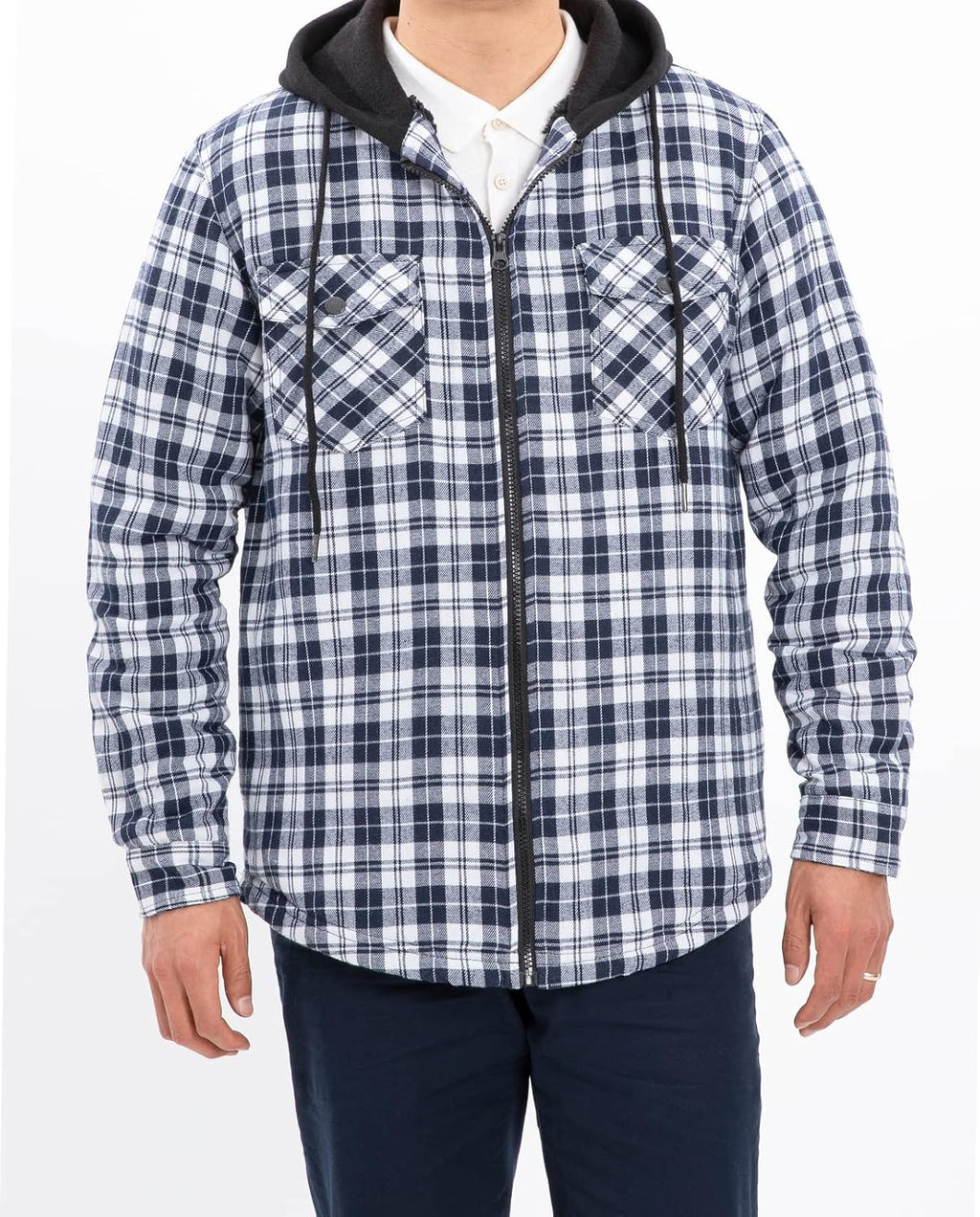 Mens Plaid Sherpa Lined Shirt Jacket Full Zip Hooded Warm Flannel
