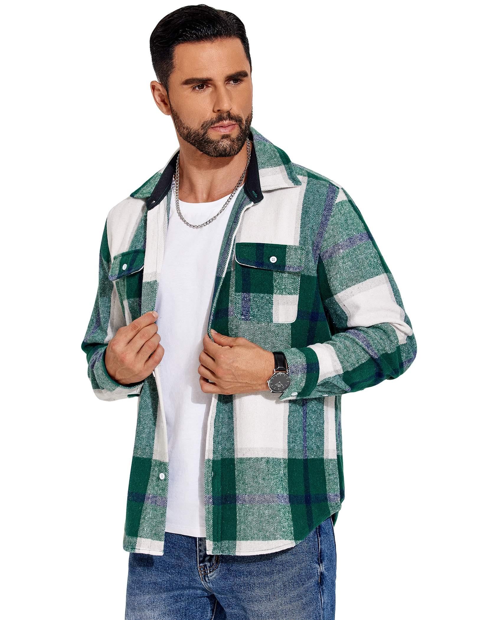 Mens Long Sleeve Cotton Flannel Shirt Plaid Button Down Casual Work Shirt