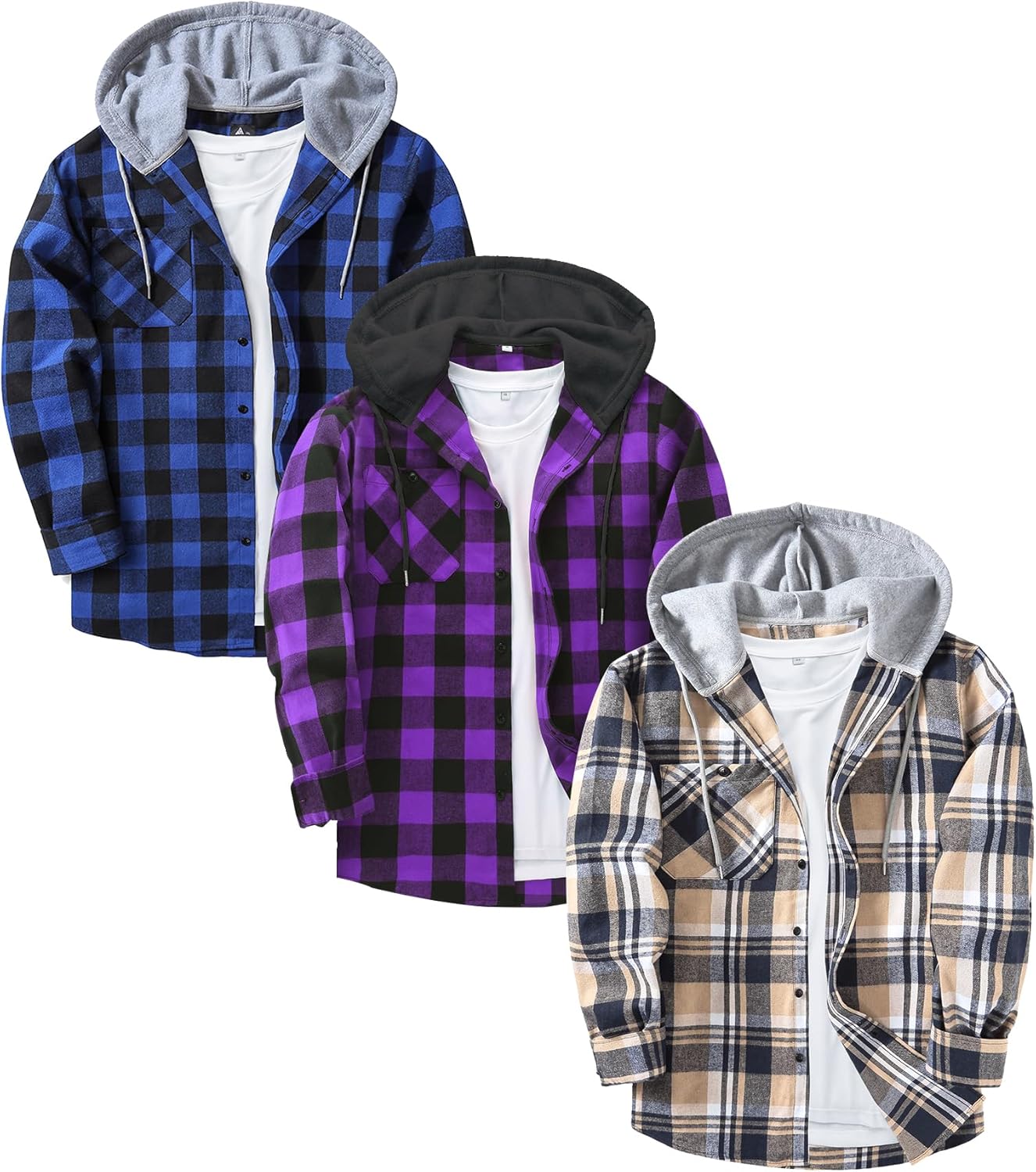 3 Pack Mens Flannel Hoodie Shirts Long Sleeve Plaid Button Down Hooded Shirts Casual Brushed Jacket with Pocket