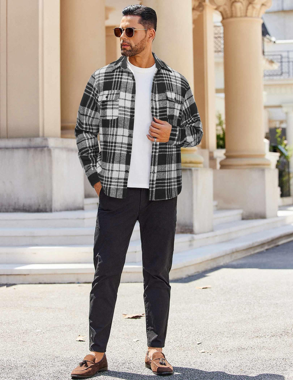 Mens Flannel Plaid Long Sleeve Button Down Shirt Jacket with Pockets