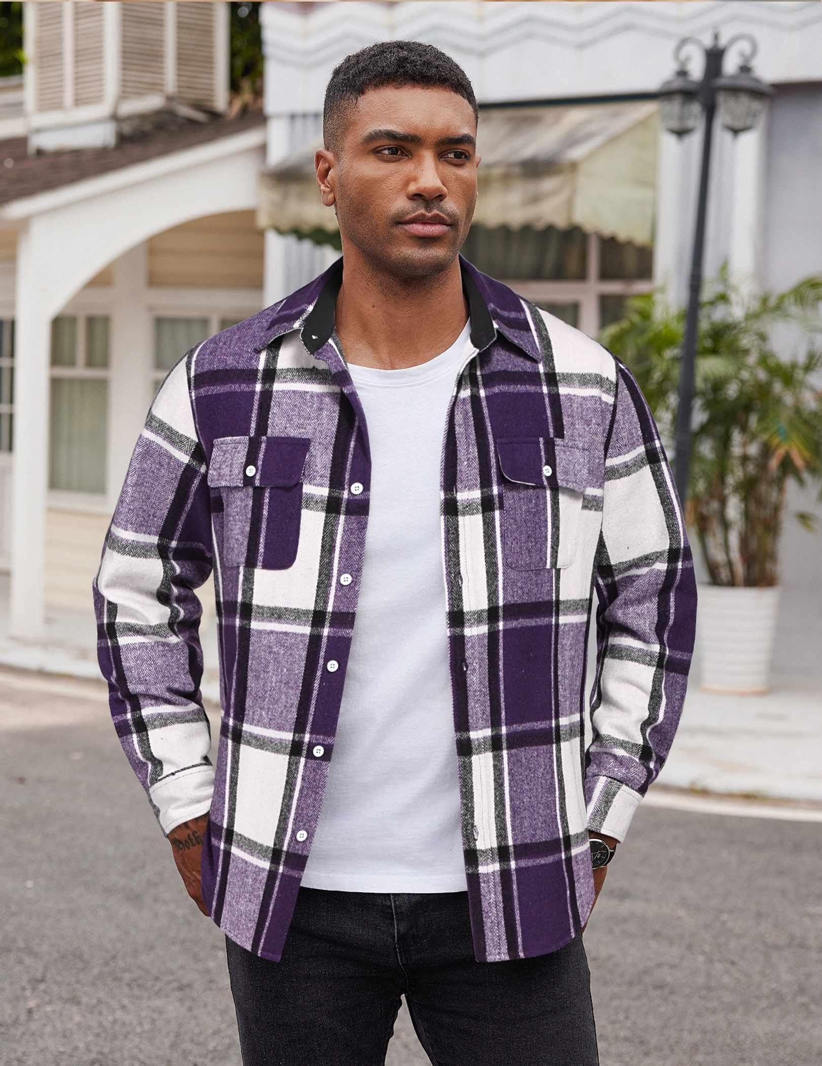 Mens Plaid Cotton Flannel Shirt Long Sleeve Casual Button Down With Pockets