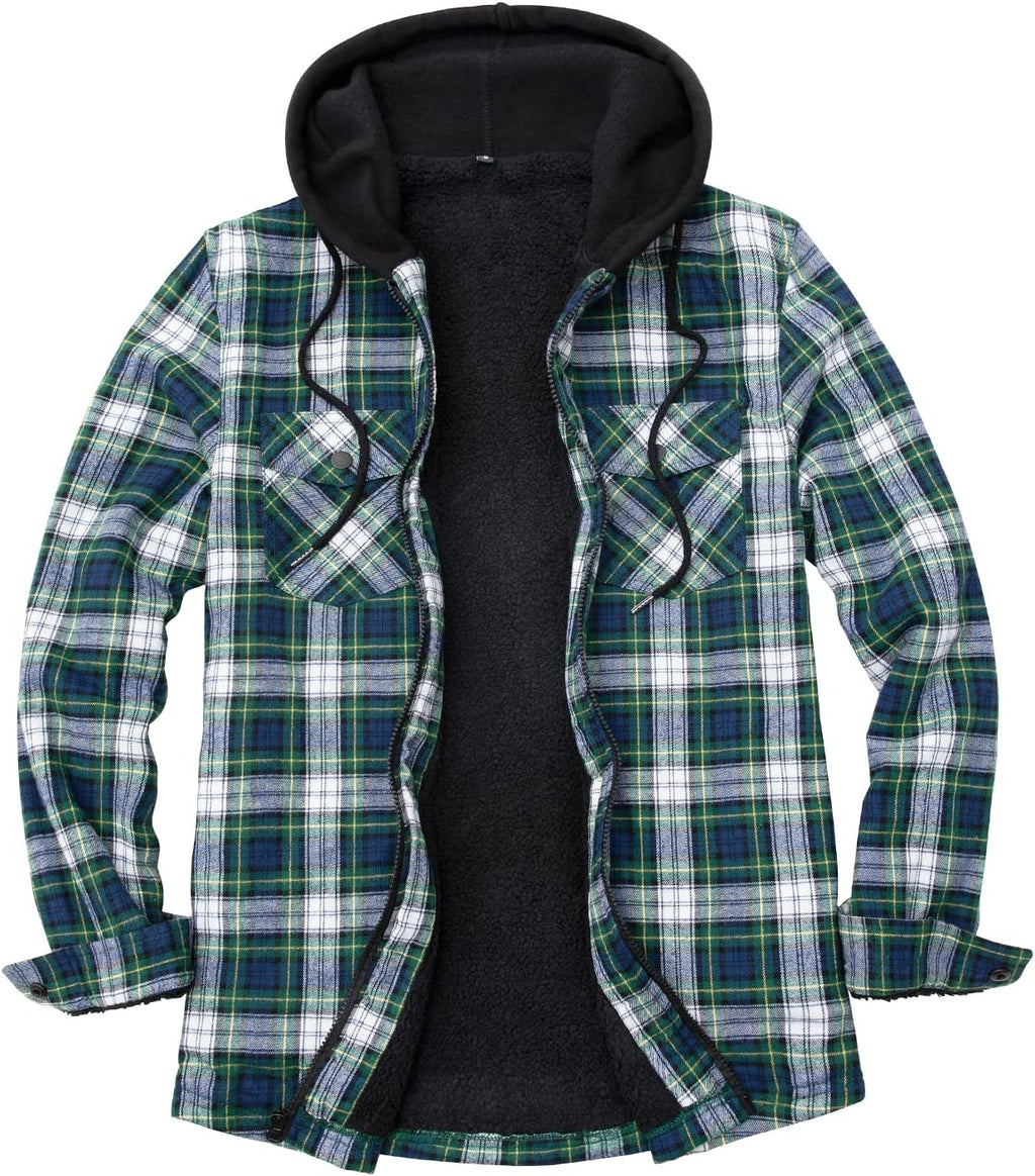 Mens Plaid Sherpa Lined Shirt Jacket Full Zip Hooded Warm Flannel