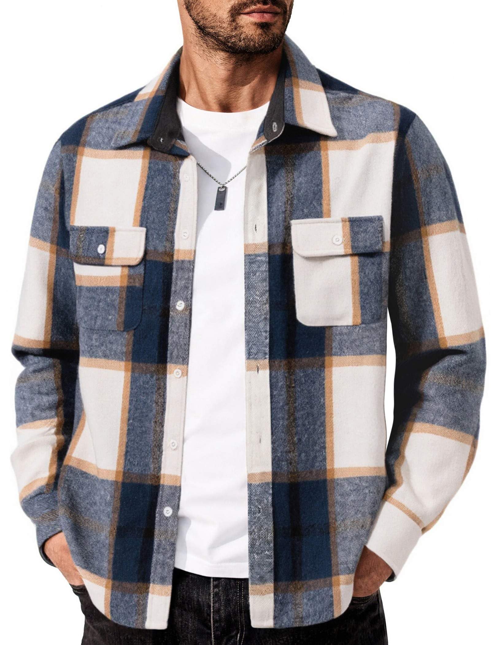 Mens Casual Cotton Flannel Shirt Long Sleeve Plaid Button Down
