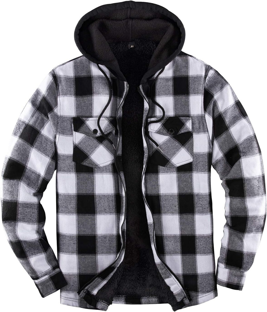 Mens Plaid Sherpa Lined Shirt Jacket Full Zip Hooded Warm Flannel