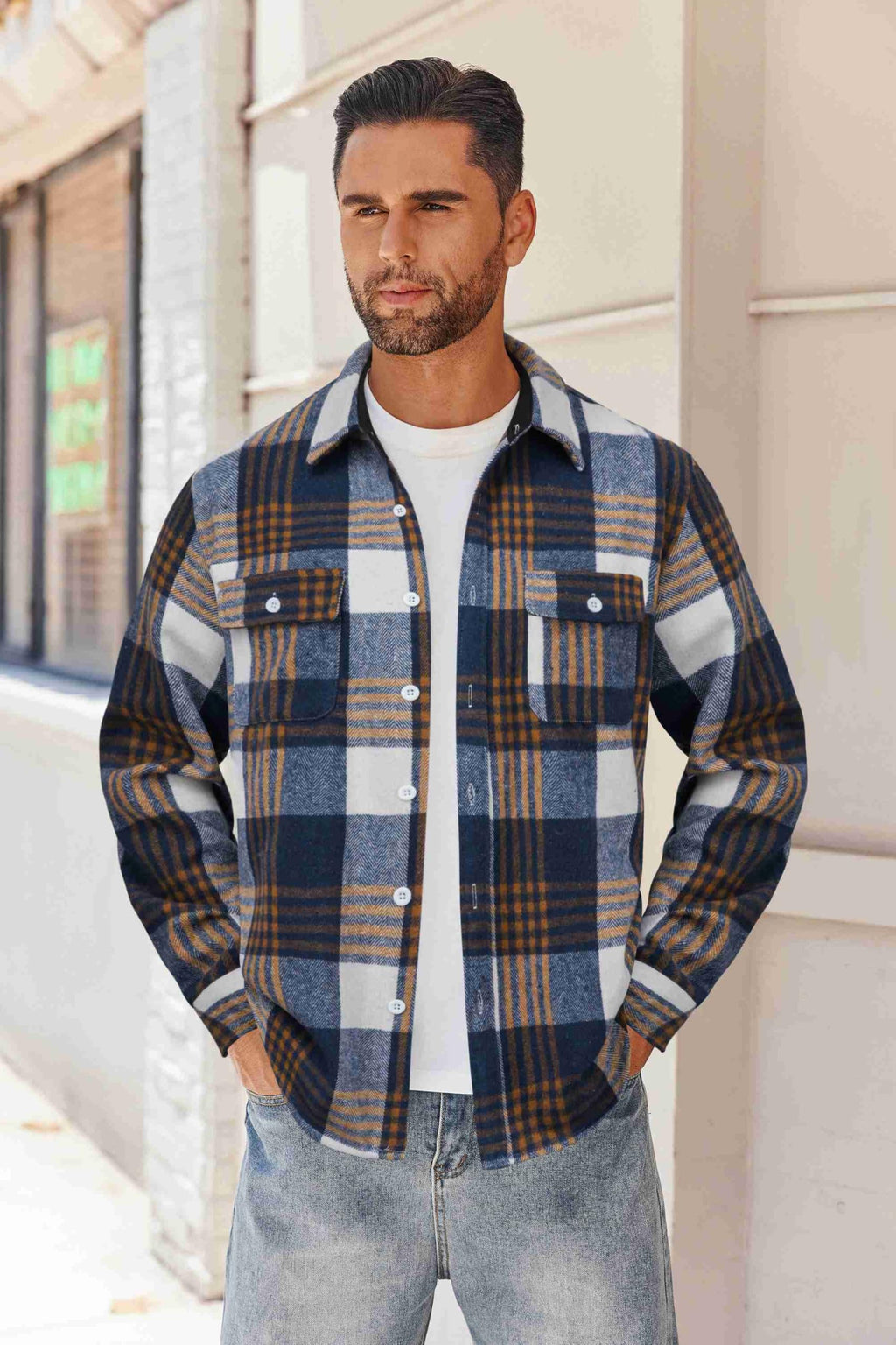 Mens Flannel Plaid Long Sleeve Button Down Shirt Jacket with Pockets