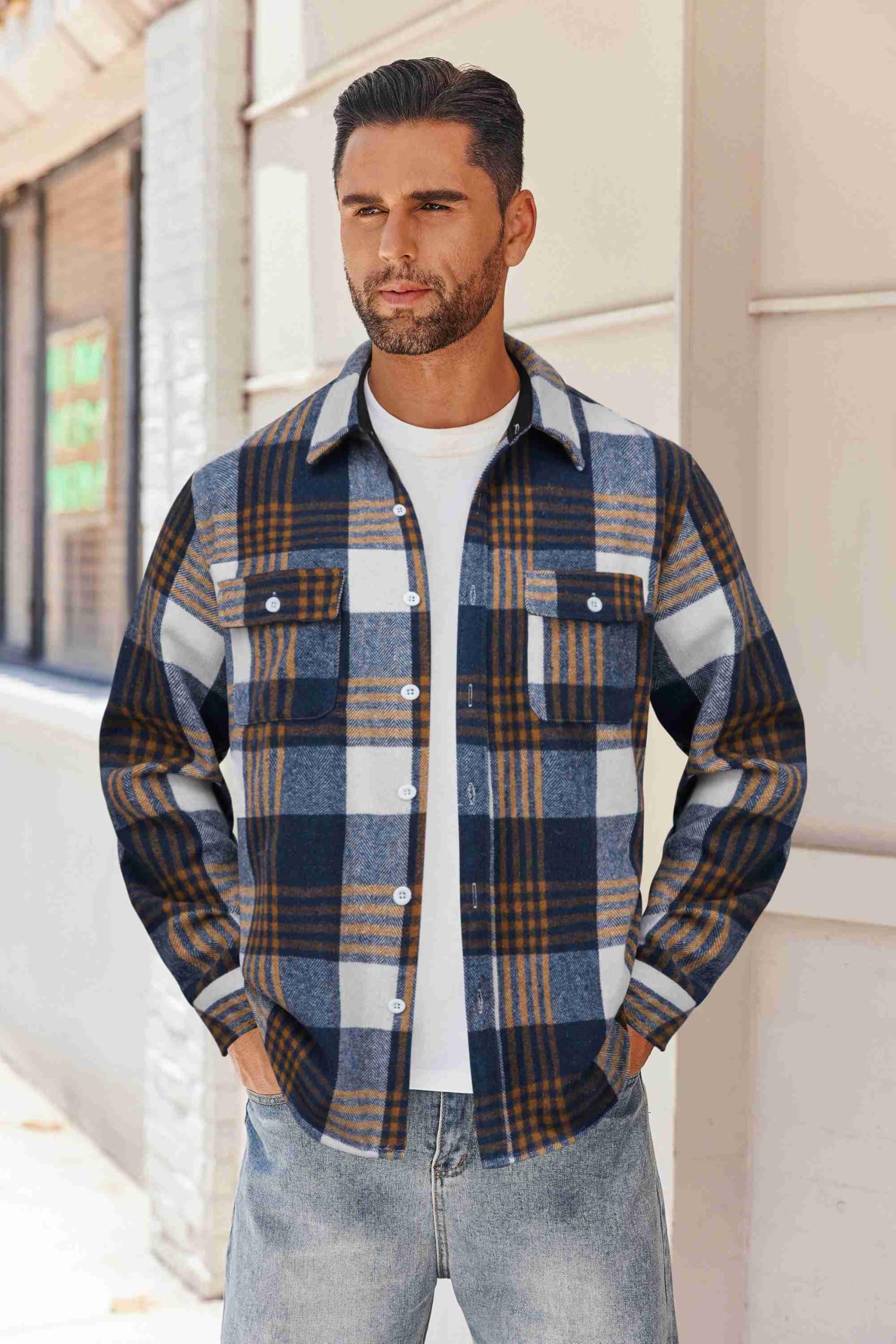 Mens Flannel Plaid Long Sleeve Button Down Shirt Jacket with Pockets