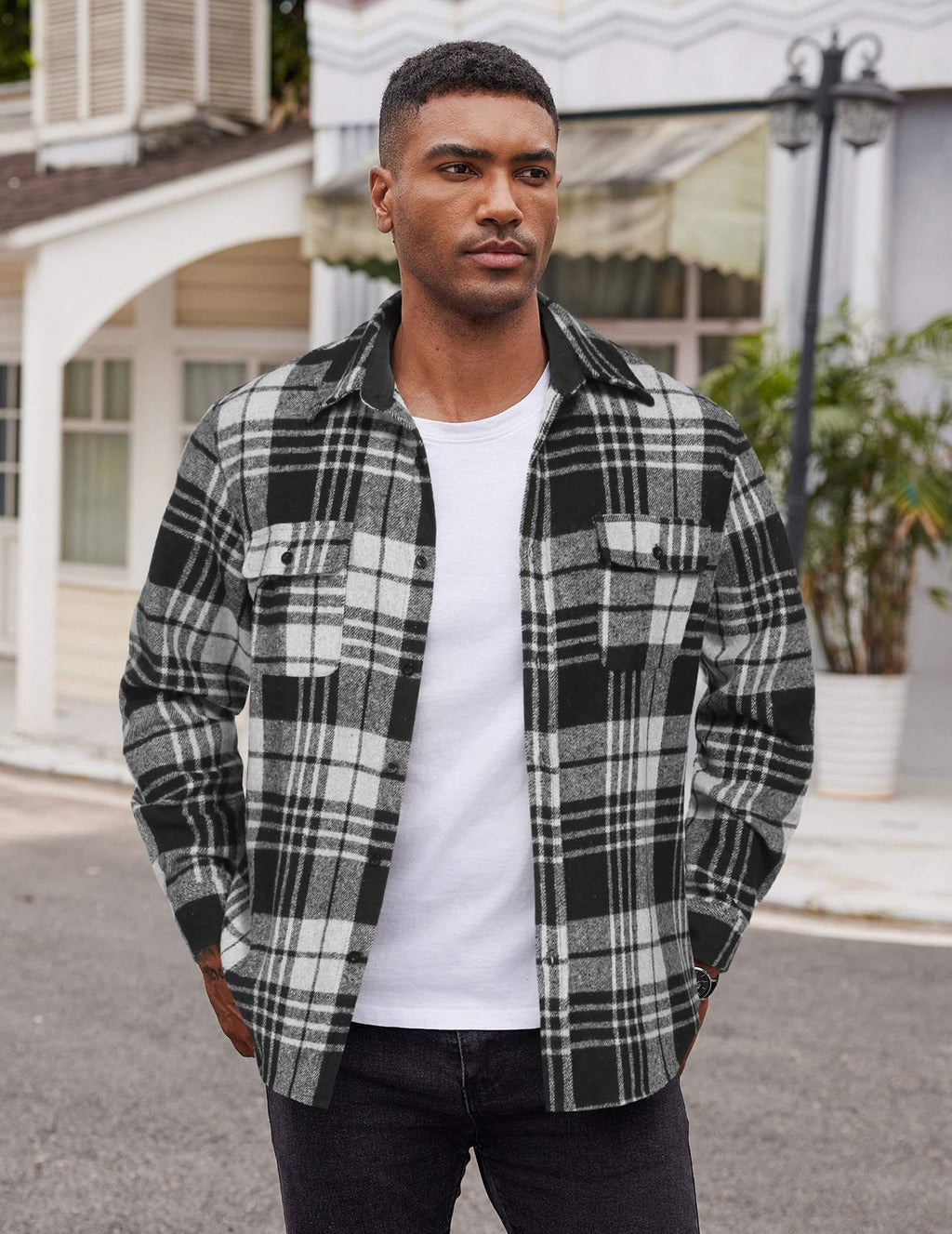 Mens Flannel Plaid Long Sleeve Button Down Shirt Jacket with Pockets