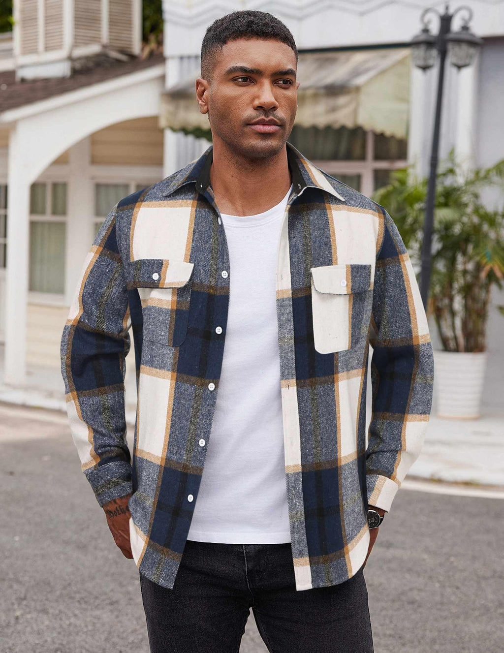 Mens Casual Cotton Flannel Shirt Long Sleeve Plaid Button Down