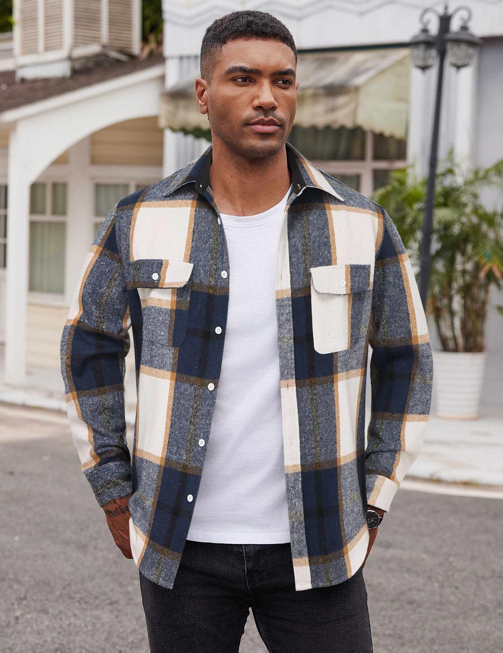 Mens Casual Cotton Flannel Shirt Long Sleeve Plaid Button Down