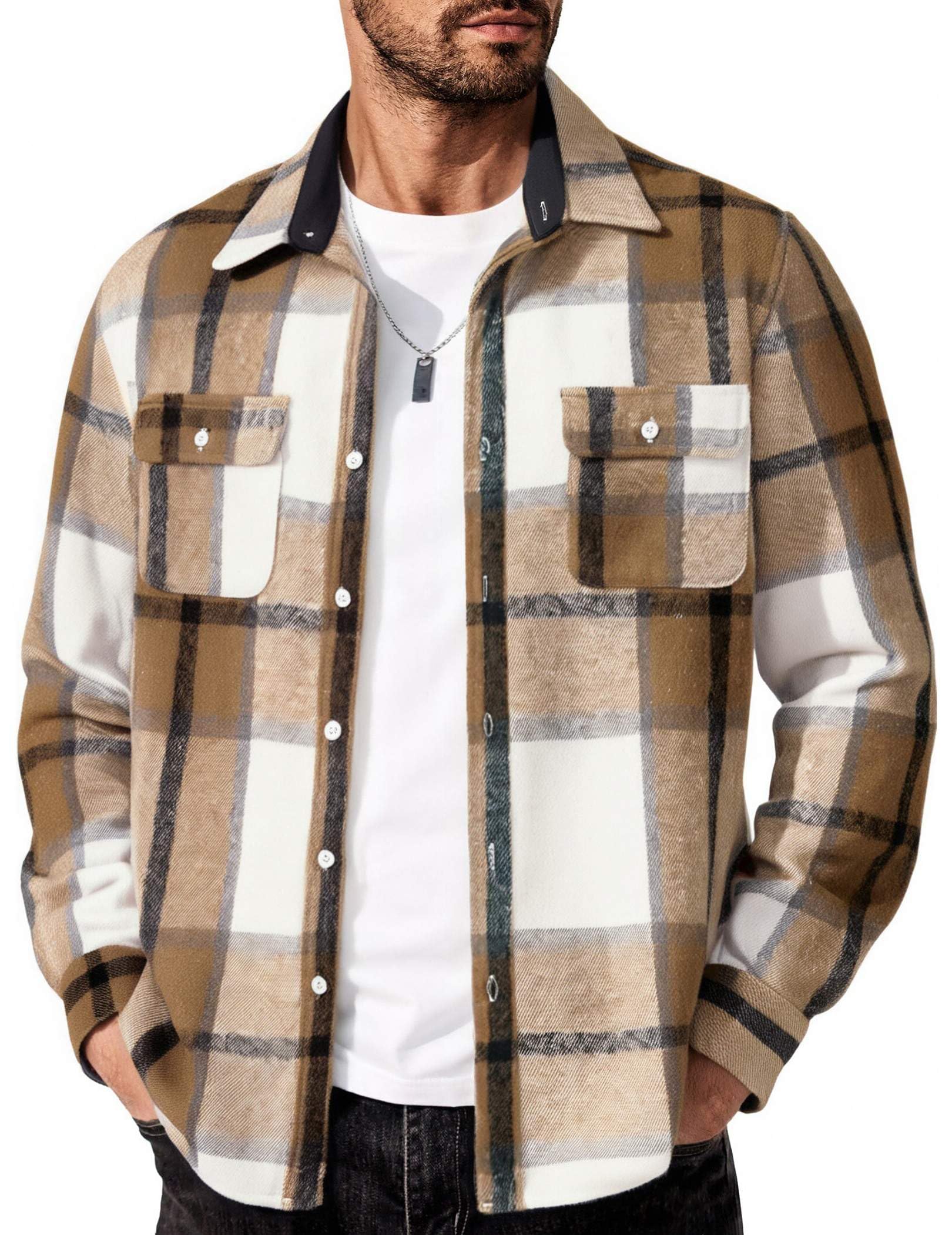 Mens Plaid Cotton Flannel Shirt Long Sleeve Button Down Casual Work Shirt With Chest Pockets