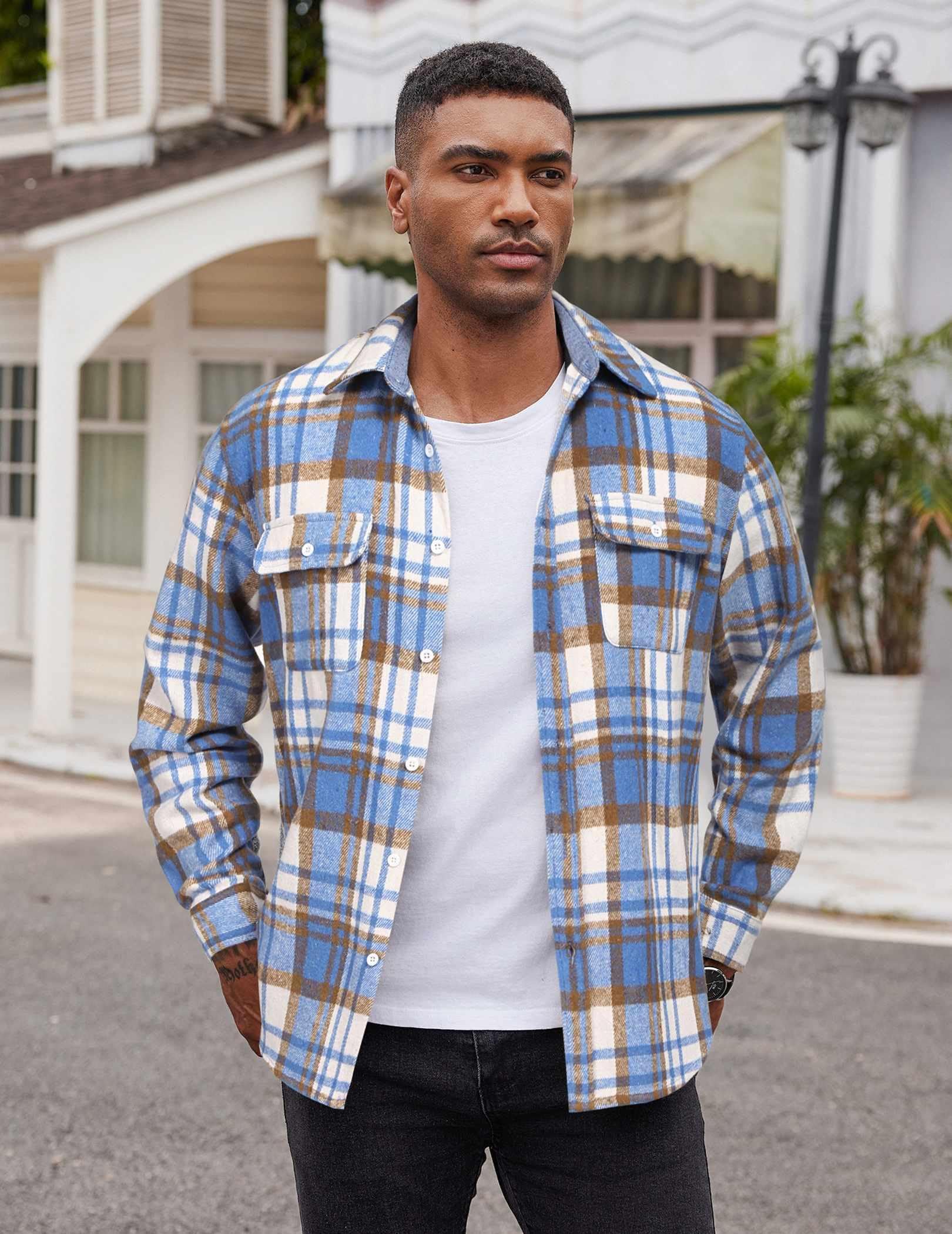 Mens Flannel Plaid Shirt Long Sleeve Button Down Casual Work Shirt Jacket