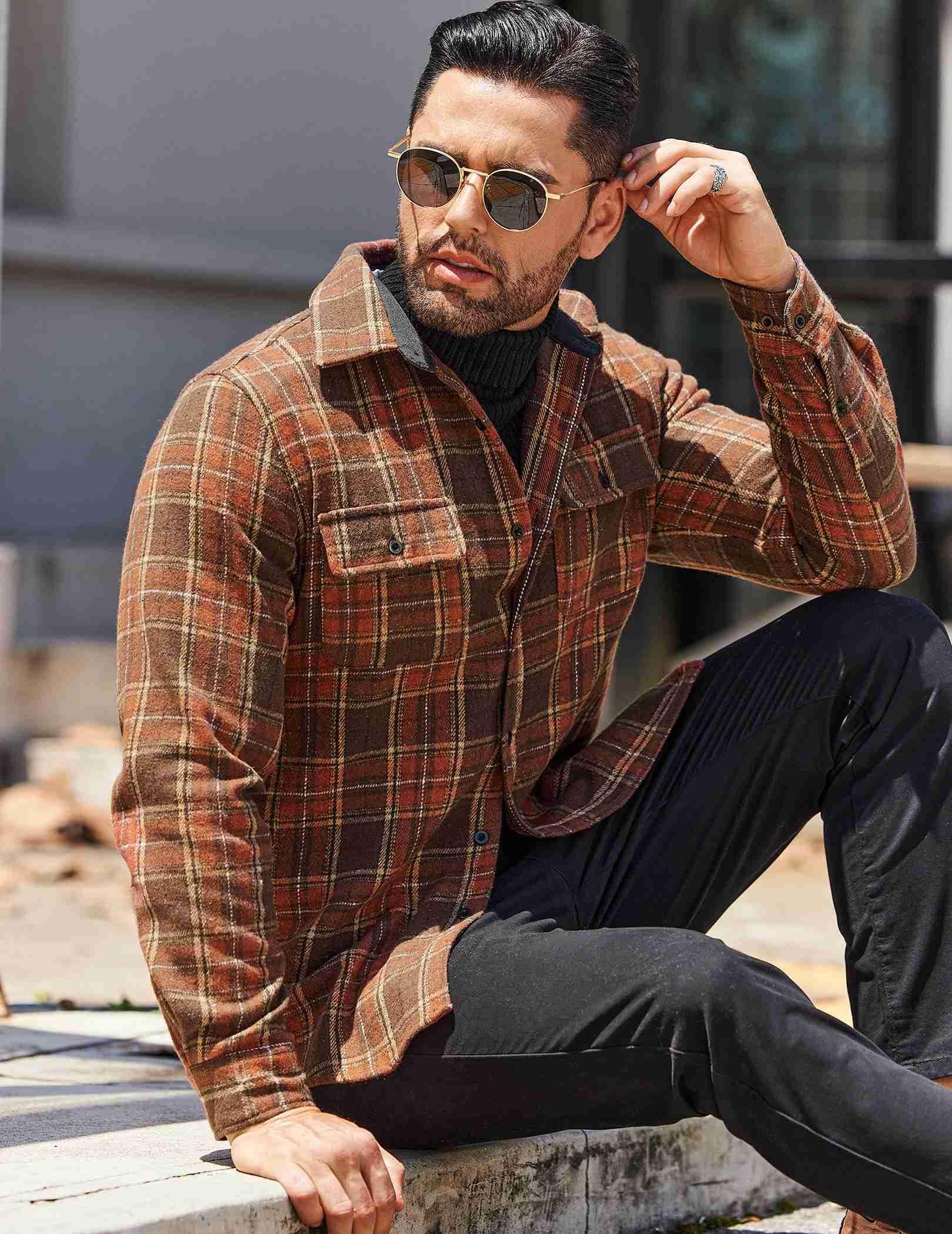 Mens Plaid Cotton Flannel Shirt Long Sleeve Casual Button Down Work Shirt