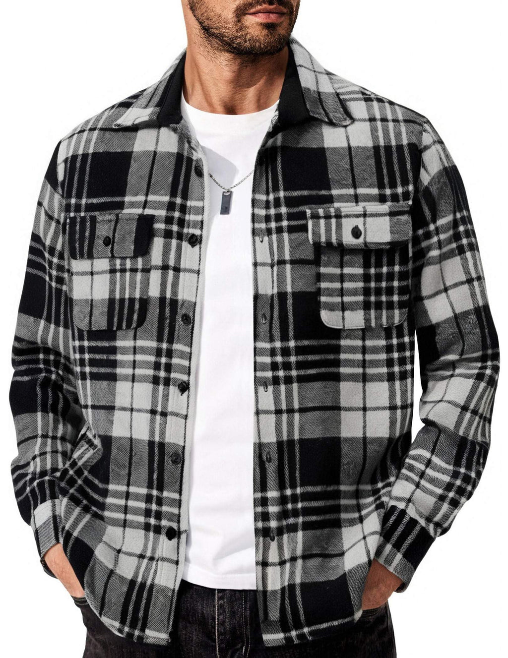 Mens Flannel Plaid Long Sleeve Button Down Shirt Jacket with Pockets